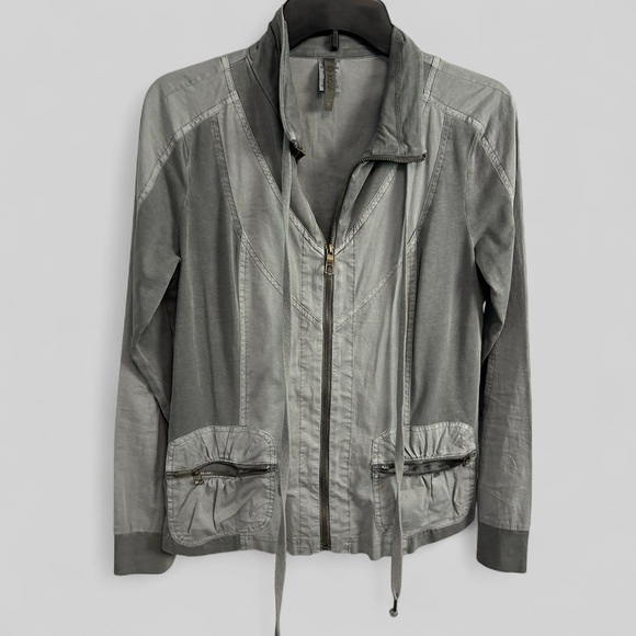 XCVI cotton full zipper retro grey neutral y2k mixed media patch jacket ladies M - Picture 1 of 8